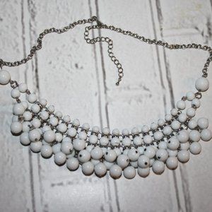 Beautiful silver and white beaded statement bib style necklace 20-24"